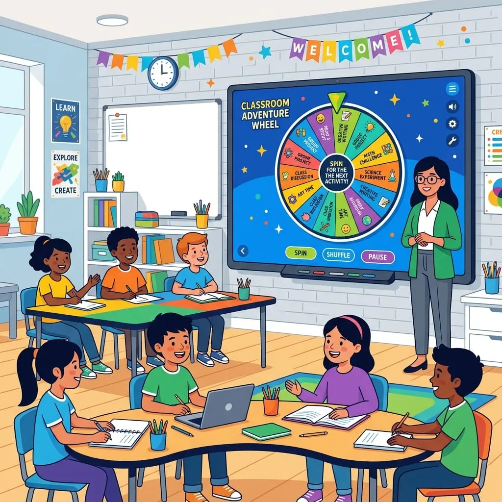 Teacher interacting with smiling elementary students in a vibrant modern classroom with a digital wheel projected on the interactive whiteboard