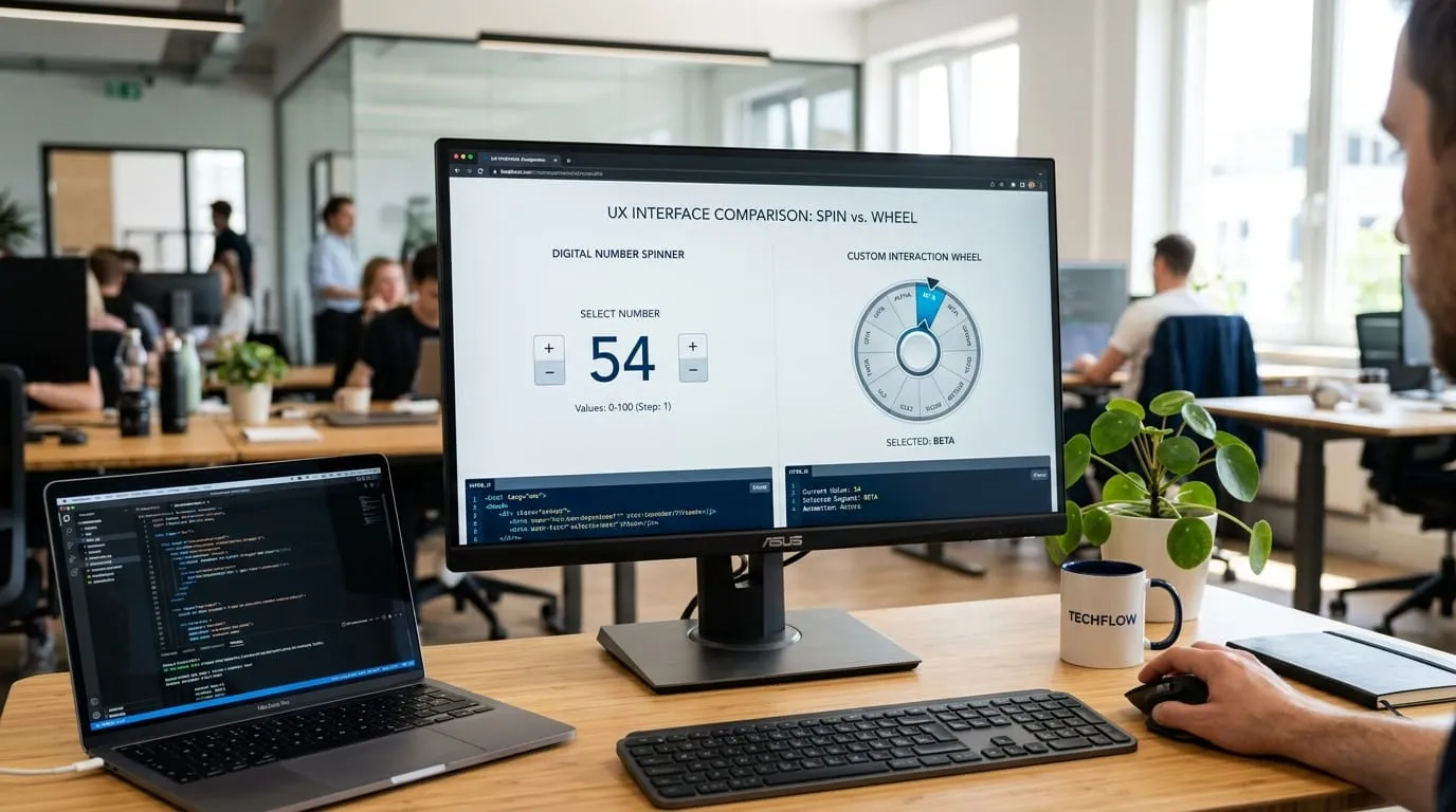Software engineer inspecting Google spinner code in Chrome DevTools on a dual monitor workstation