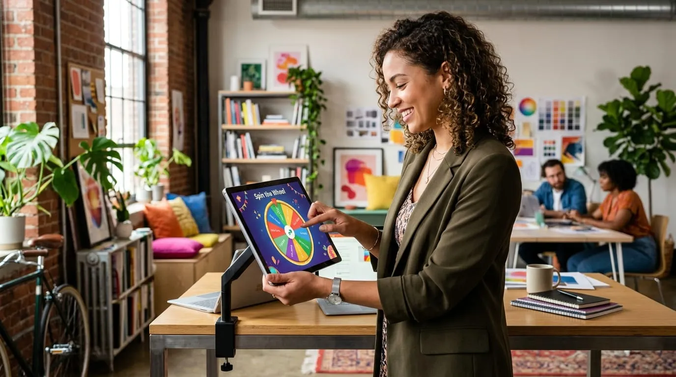 Professional touching an interactive spin the wheel application mounted on a tablet in a modern office studio
